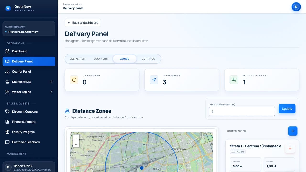In-house delivery screen in OrderNow