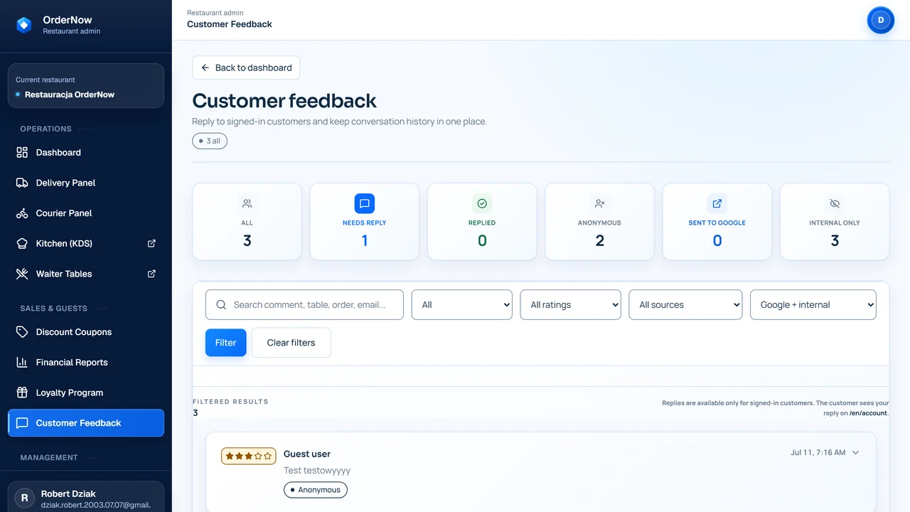 Guest feedback screen in OrderNow