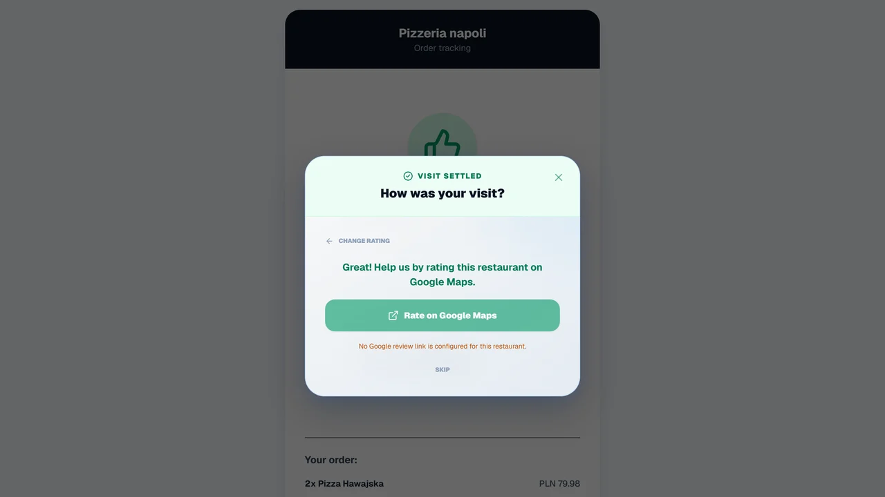Guest feedback screen in OrderNow