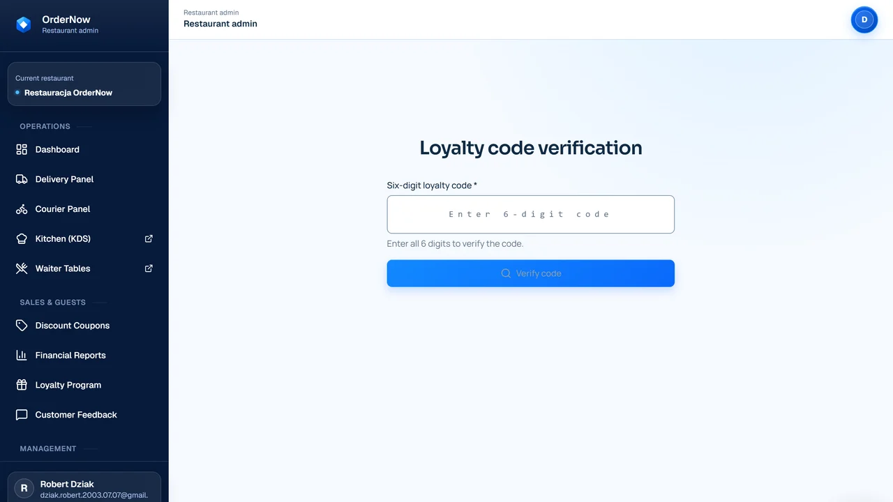 Loyalty programme screen in OrderNow