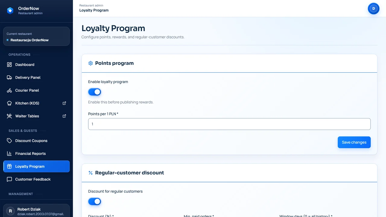 Loyalty programme screen in OrderNow