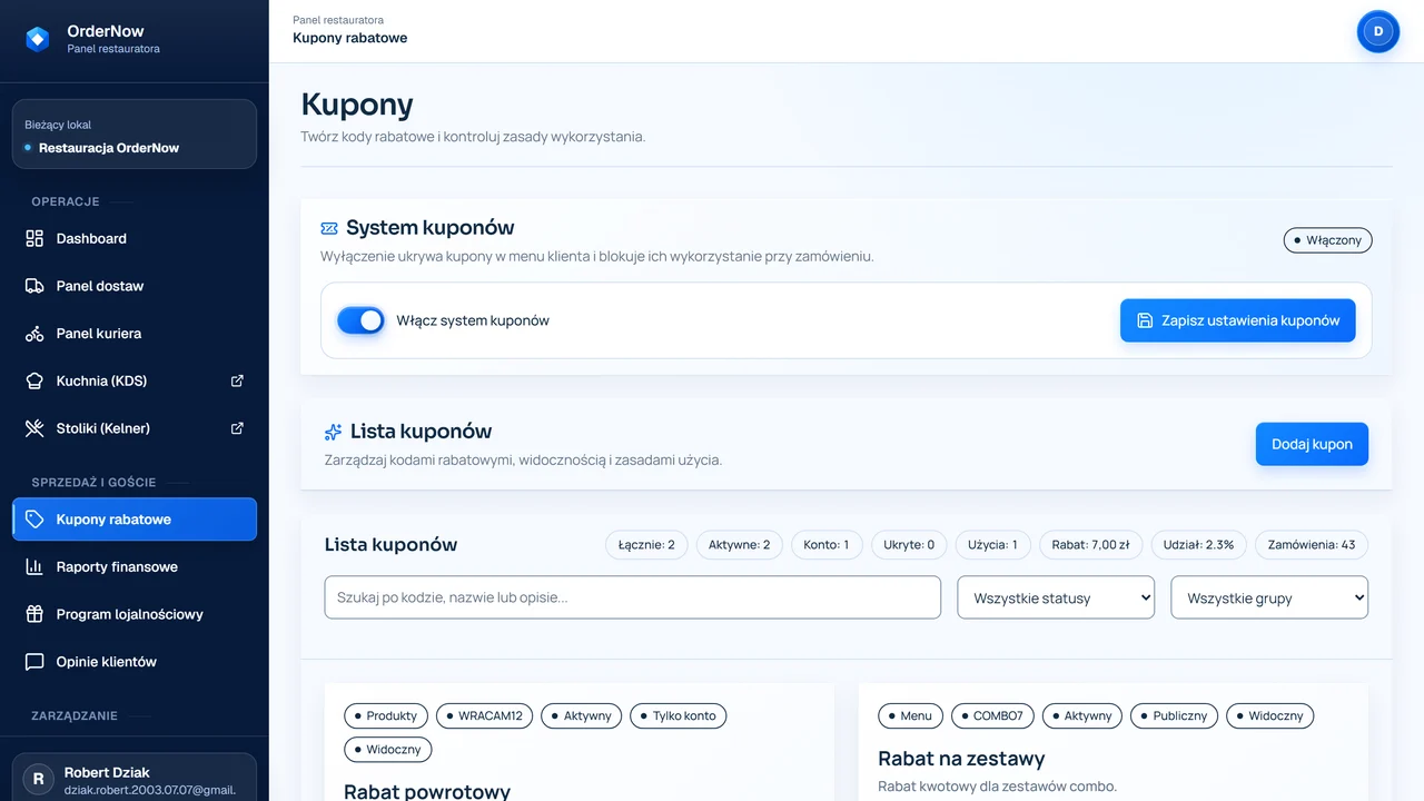Panel konfiguracji kuponów w OrderNow