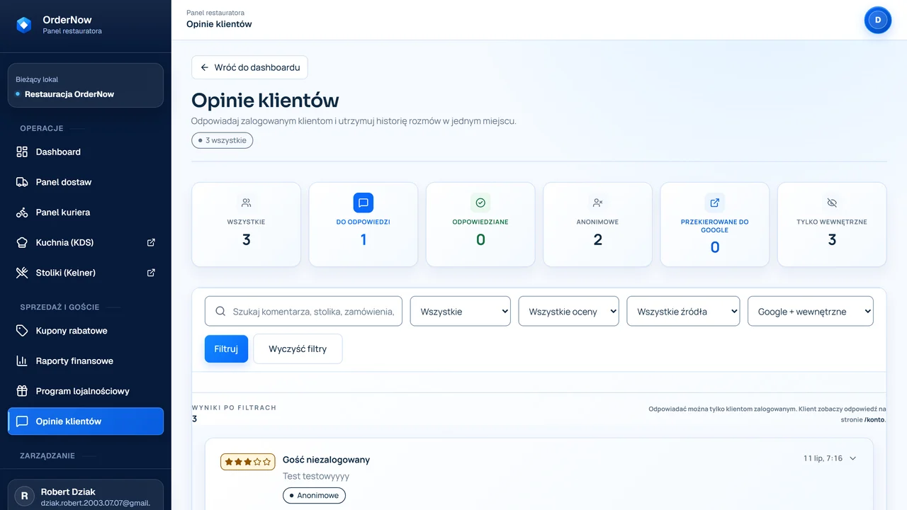 Panel zarządzania opiniami OrderNow