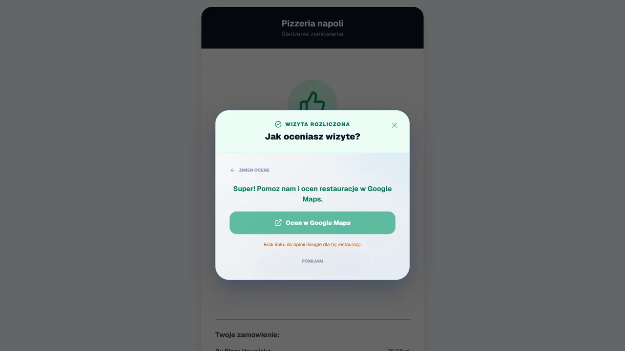 Modal opinii w aplikacji OrderNow