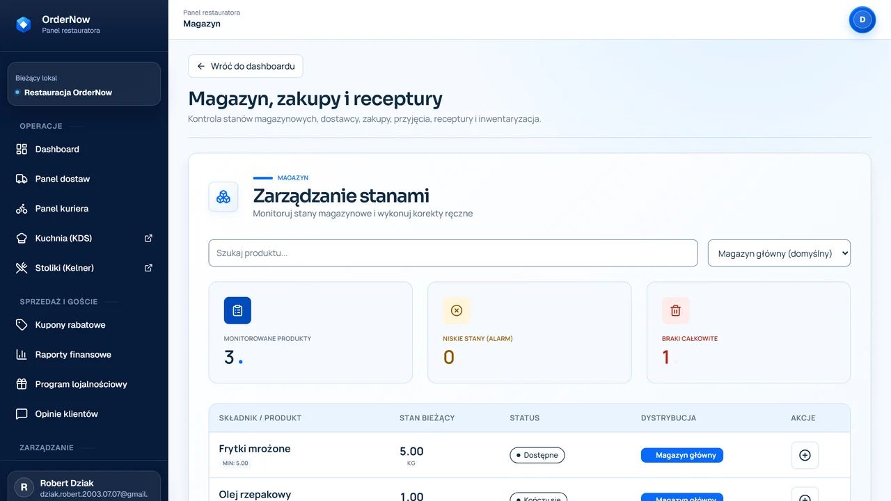 Widok modułu magazynowego OrderNow