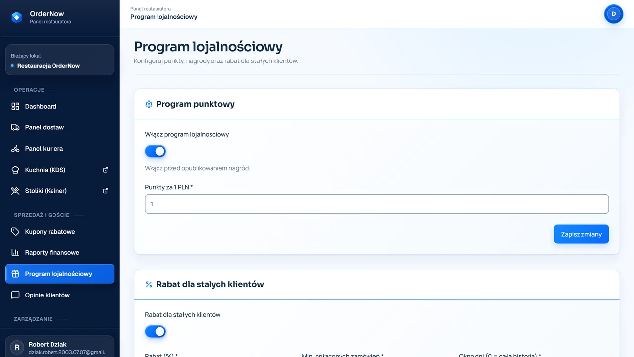 Panel programu lojalnościowego OrderNow