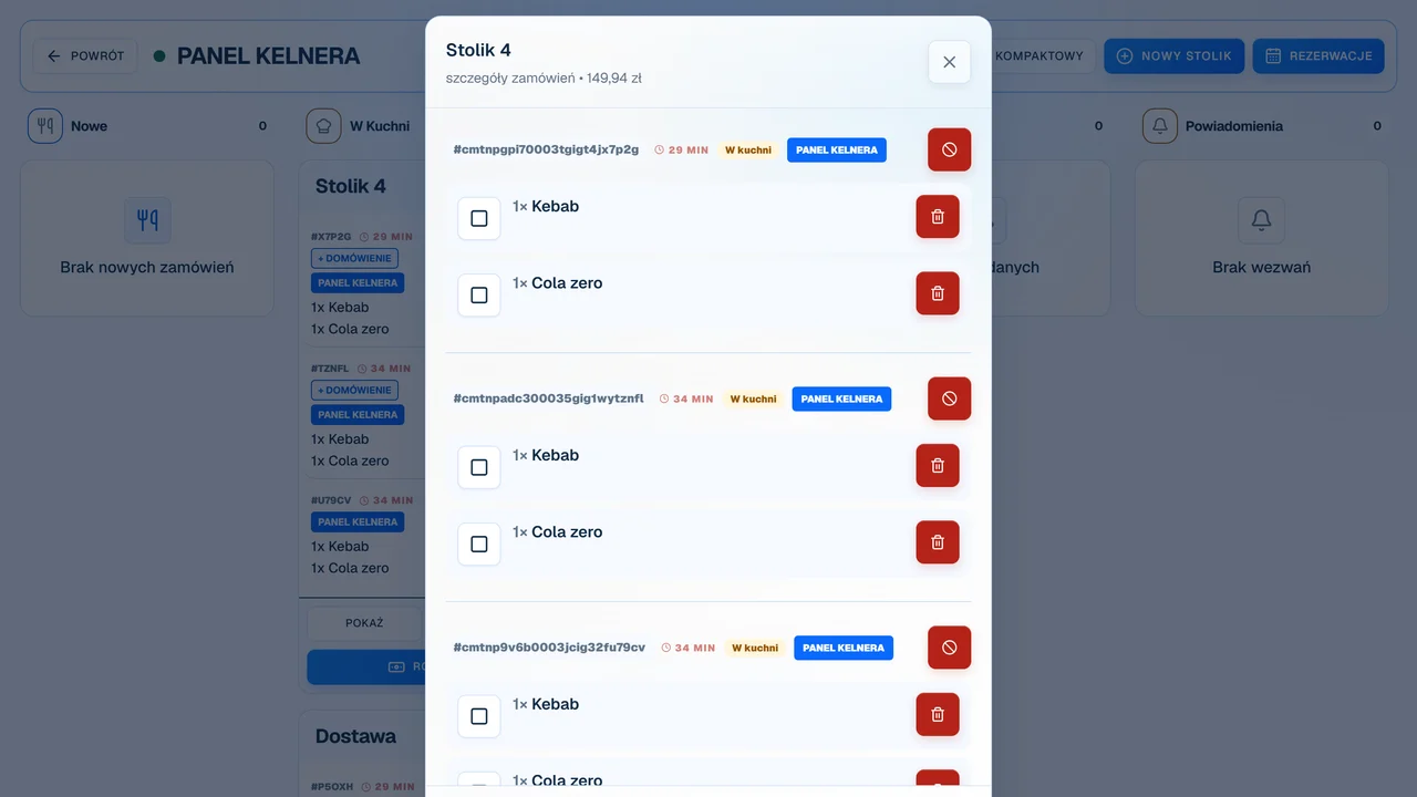 Panel obsługi OrderNow pokazujący zamówienia przy stolikach