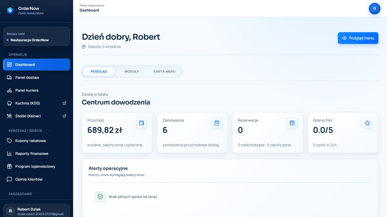Panel obsługi zamówień online OrderNow