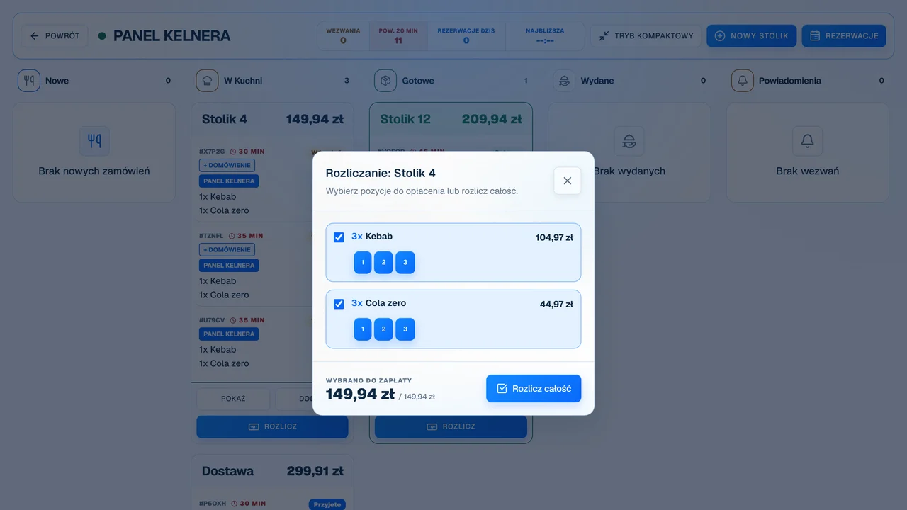 Formularz zamówienia w panelu kelnera OrderNow