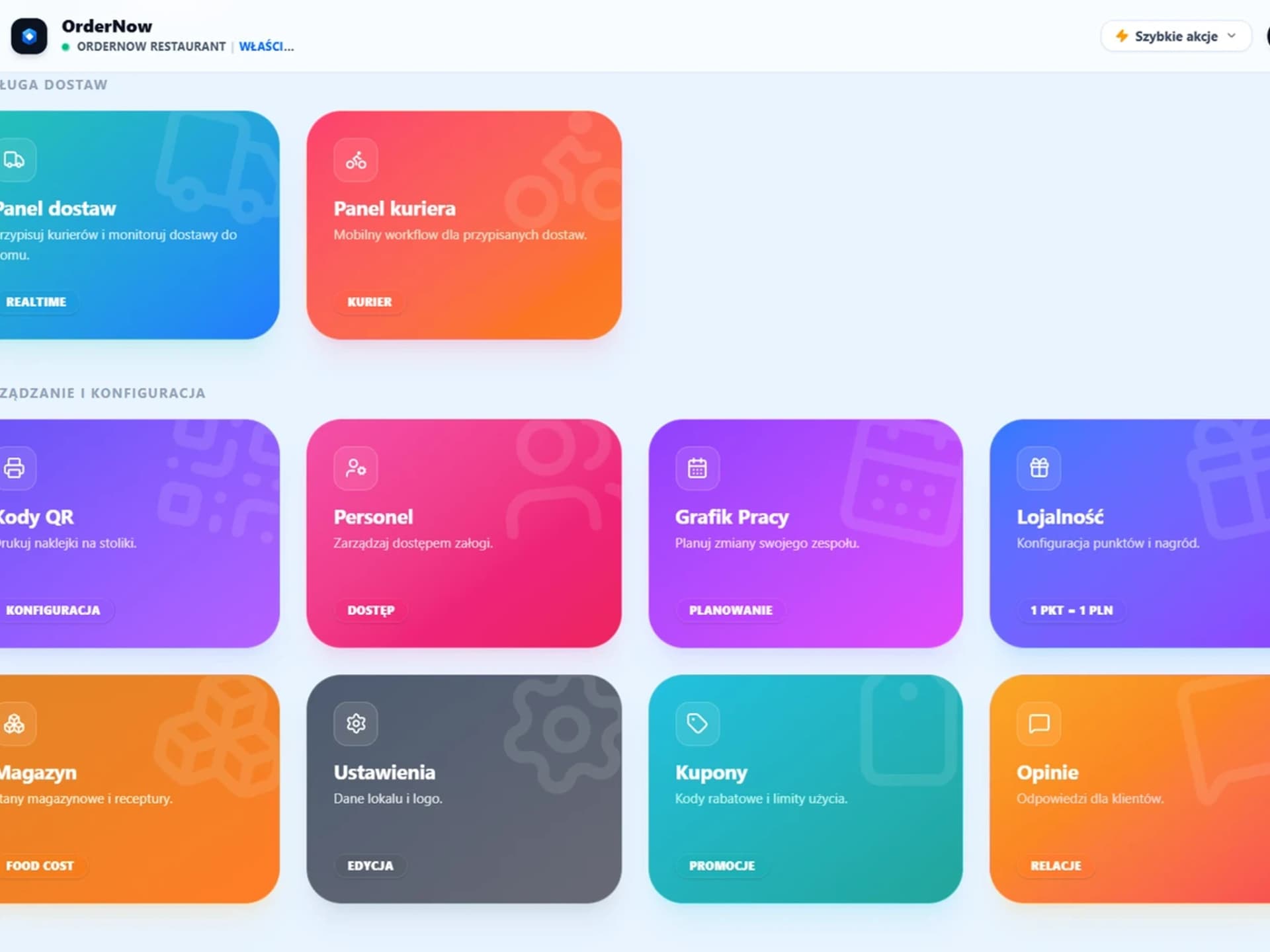 Dashboard screenshot of the OrderNow application