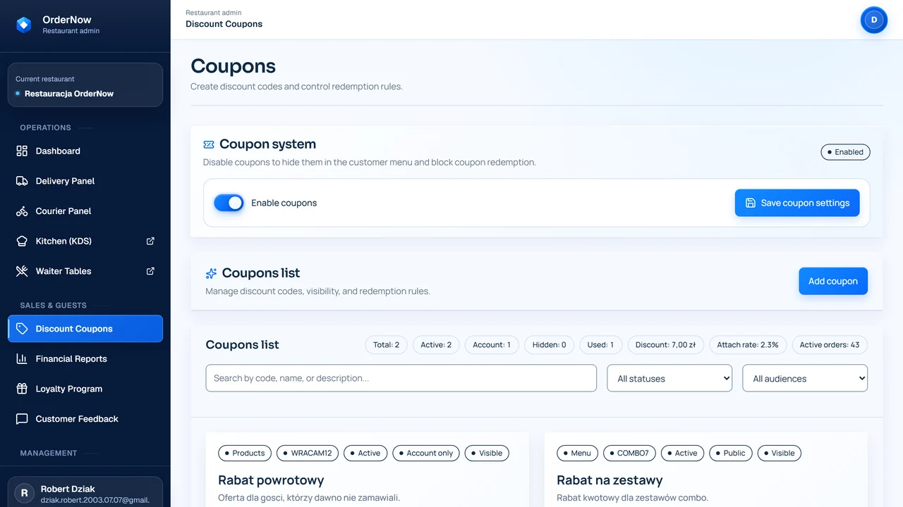 Coupons and discounts screen in OrderNow