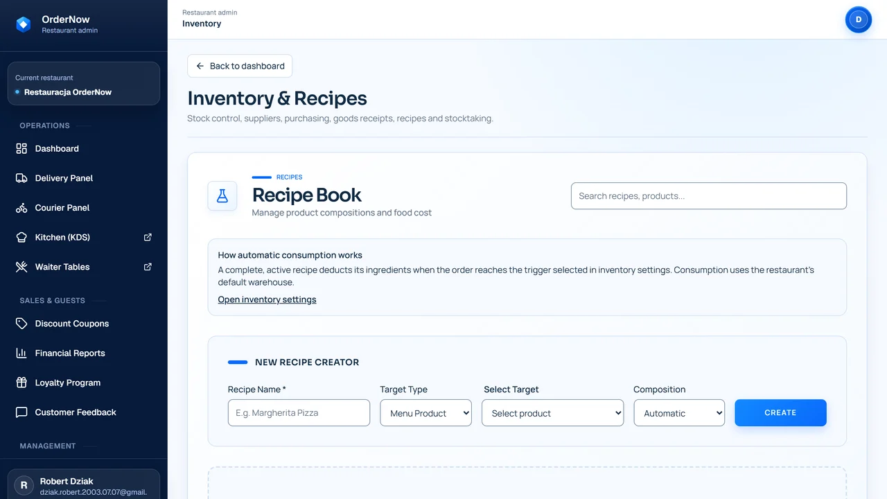 Inventory and recipes screen in OrderNow