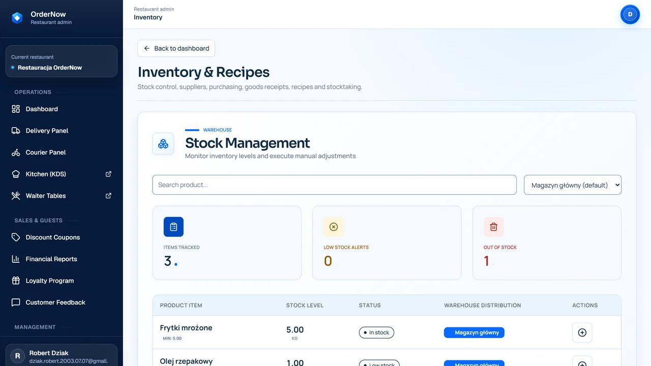 Inventory and recipes screen in OrderNow
