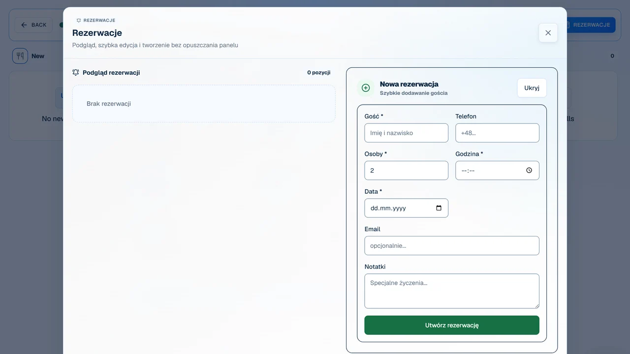 Table reservations screen in OrderNow