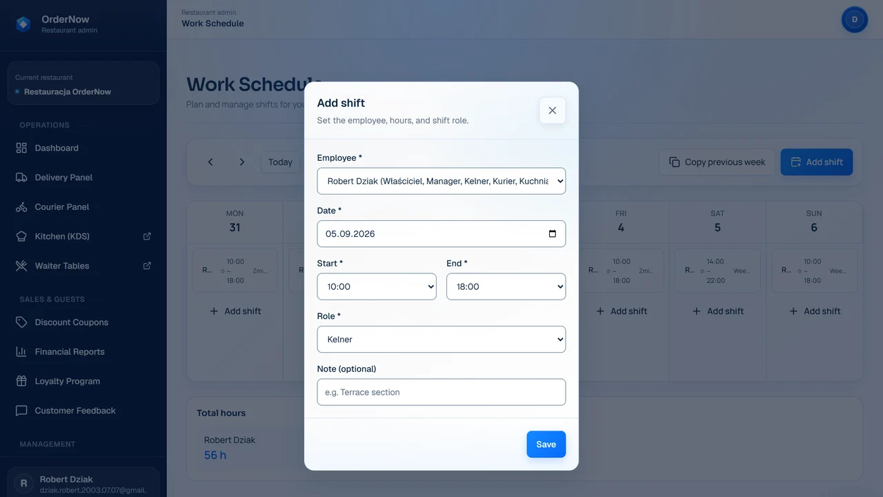 Staff scheduling screen in OrderNow