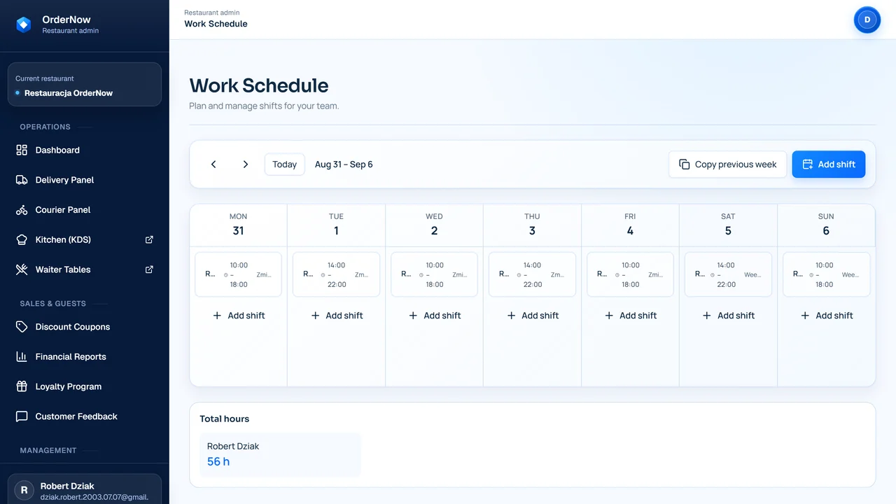 Staff scheduling screen in OrderNow