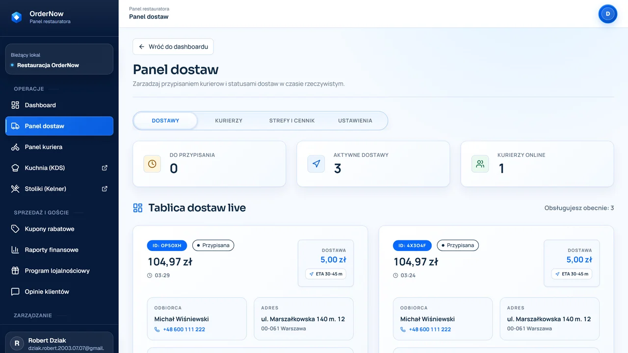 Tablica zadań kurierskich w OrderNow