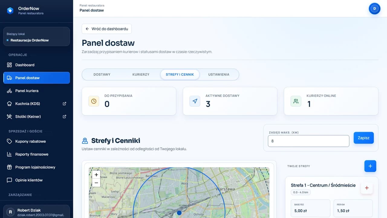Konfiguracja stref dostaw OrderNow
