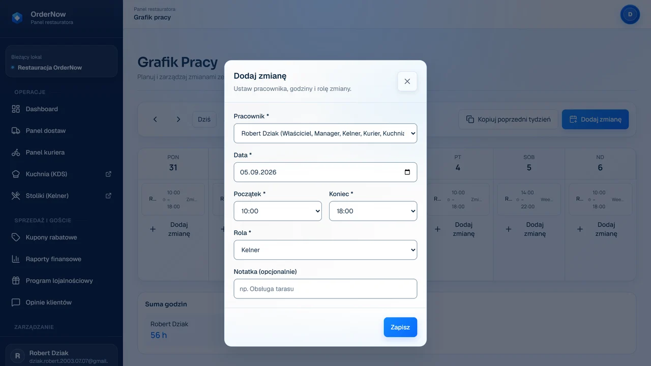 Modal dodawania zmiany w grafik OrderNow